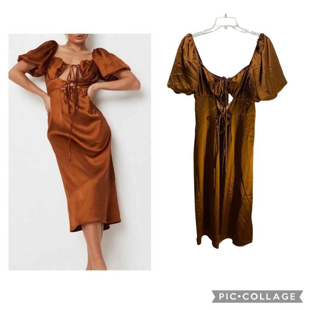 Missguided Satin Rust Midi Dress Women 14 New Puff Sleeve Party Bridal Tie Front